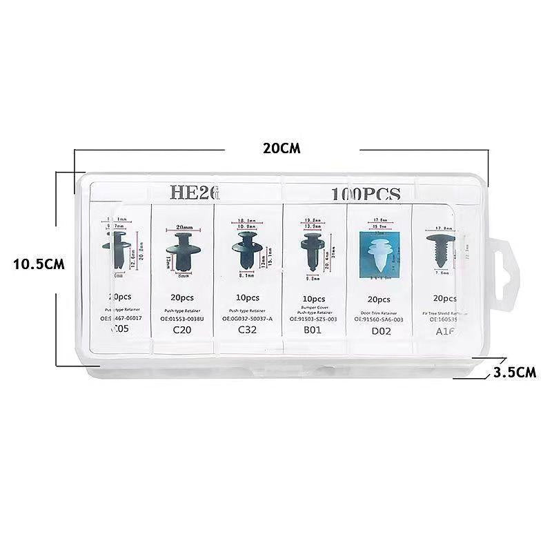 HE26 100-Piece Universal Automotive Expansion Screw Clip Set, Suitable for Mudguards, Fenders, Door Panels, and Other Car Components. Includes Models C05, C20, C32, B01, D02, and A16. Car Accessories.