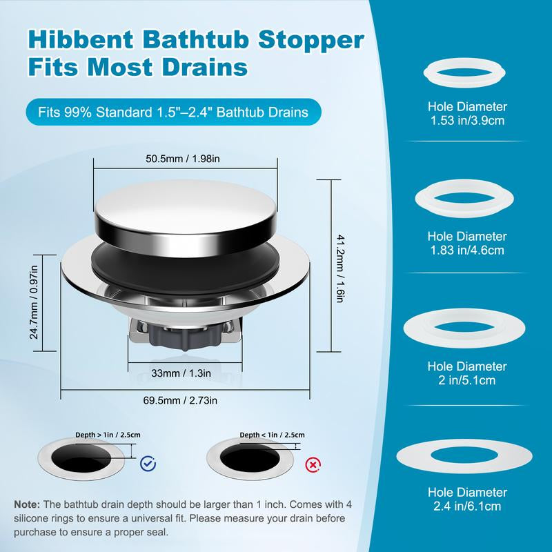 Hibbent Bathtub Drain Stopper, Bathroom Drain Stopper with Hair Catcher, Bath Tub Drain Strainer Plug and Cover