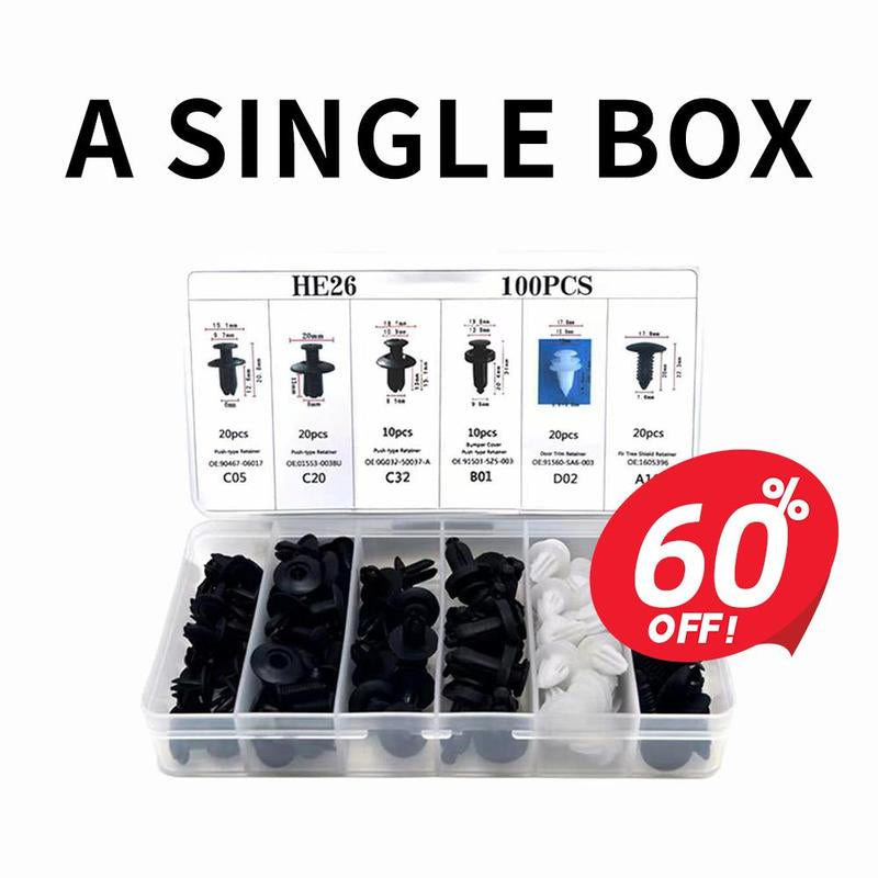HE26 100-Piece Universal Automotive Expansion Screw Clip Set, Suitable for Mudguards, Fenders, Door Panels, and Other Car Components. Includes Models C05, C20, C32, B01, D02, and A16. Car Accessories.