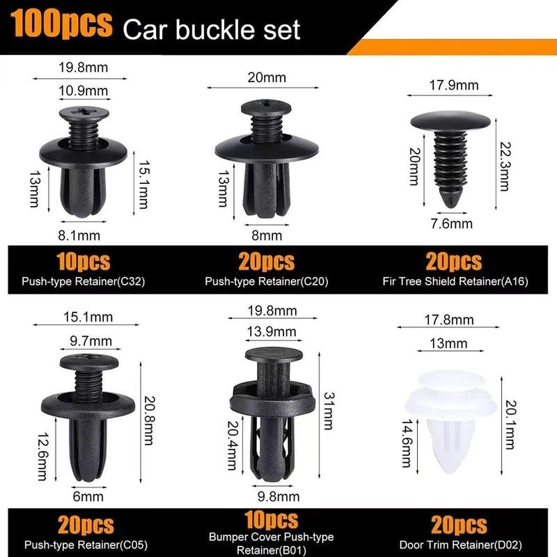 HE26 100-Piece Universal Automotive Expansion Screw Clip Set, Suitable for Mudguards, Fenders, Door Panels, and Other Car Components. Includes Models C05, C20, C32, B01, D02, and A16. Car Accessories.