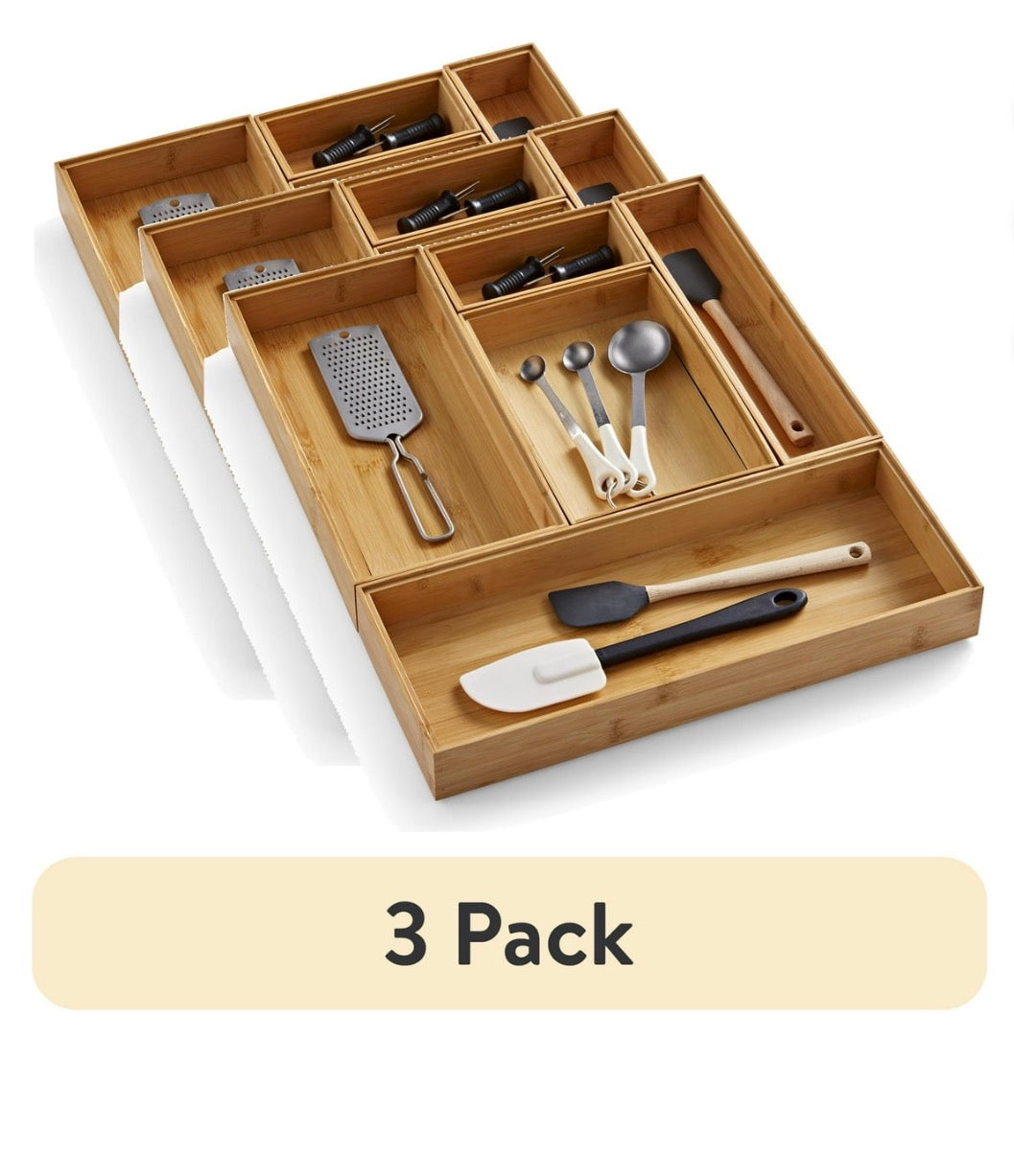 (3 Pack)  Bamboo Drawer Organizer 5Pc Set, 17.9Wx 14.96Dx1.97H In, Natural Bamboo Color