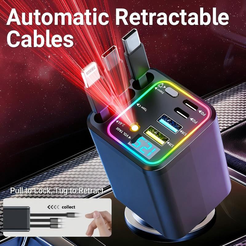 8-In-1 Ultimate Car Charger! Level up Your Drive with 60W Starlight Projection, Retractable Cables for Zero Mess, and 3.1A Fast Charging. Real-Time Voltage Monitoring Keeps Your Ride Safe. Must-Have Car Gadget for 2026!