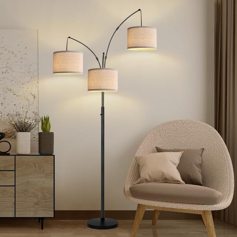 Hoodink Dimmable Floor Lamp - 3 Lights Arc Floor Lamps for Living Room, 1000LM Modern Tall Standing Lamp with Beige Shades & Heavy Base, Mid Century Tree Floor Lamp for Bedroom Office, 3 LED Bulbs Included