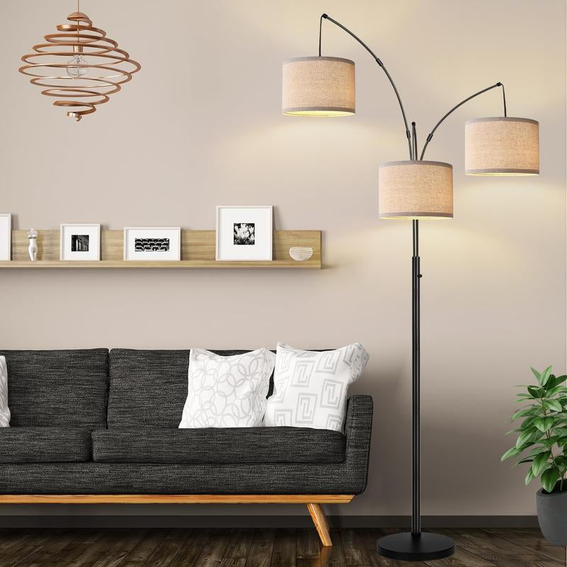 Hoodink Dimmable Floor Lamp - 3 Lights Arc Floor Lamps for Living Room, 1000LM Modern Tall Standing Lamp with Beige Shades & Heavy Base, Mid Century Tree Floor Lamp for Bedroom Office, 3 LED Bulbs Included