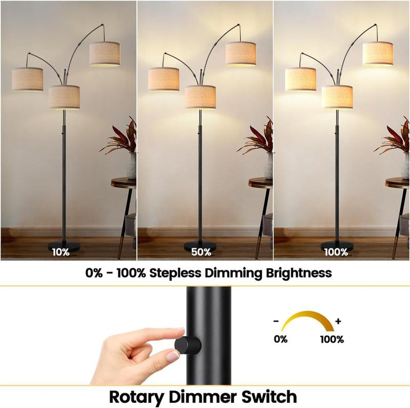 Hoodink Dimmable Floor Lamp - 3 Lights Arc Floor Lamps for Living Room, 1000LM Modern Tall Standing Lamp with Beige Shades & Heavy Base, Mid Century Tree Floor Lamp for Bedroom Office, 3 LED Bulbs Included