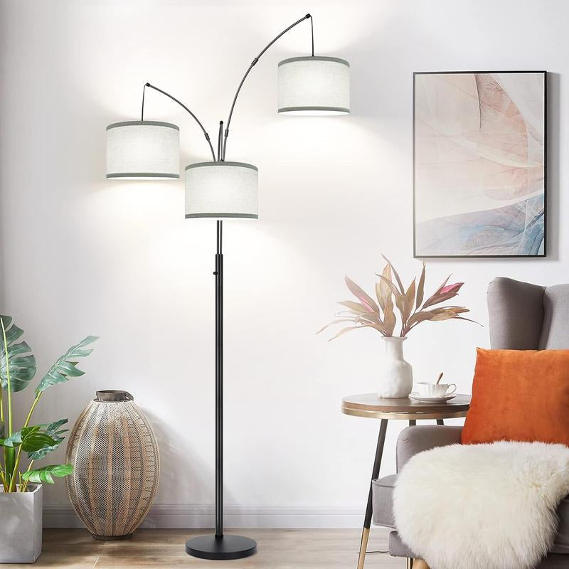 Hoodink Dimmable Floor Lamp - 3 Lights Arc Floor Lamps for Living Room, 1000LM Modern Tall Standing Lamp with Beige Shades & Heavy Base, Mid Century Tree Floor Lamp for Bedroom Office, 3 LED Bulbs Included
